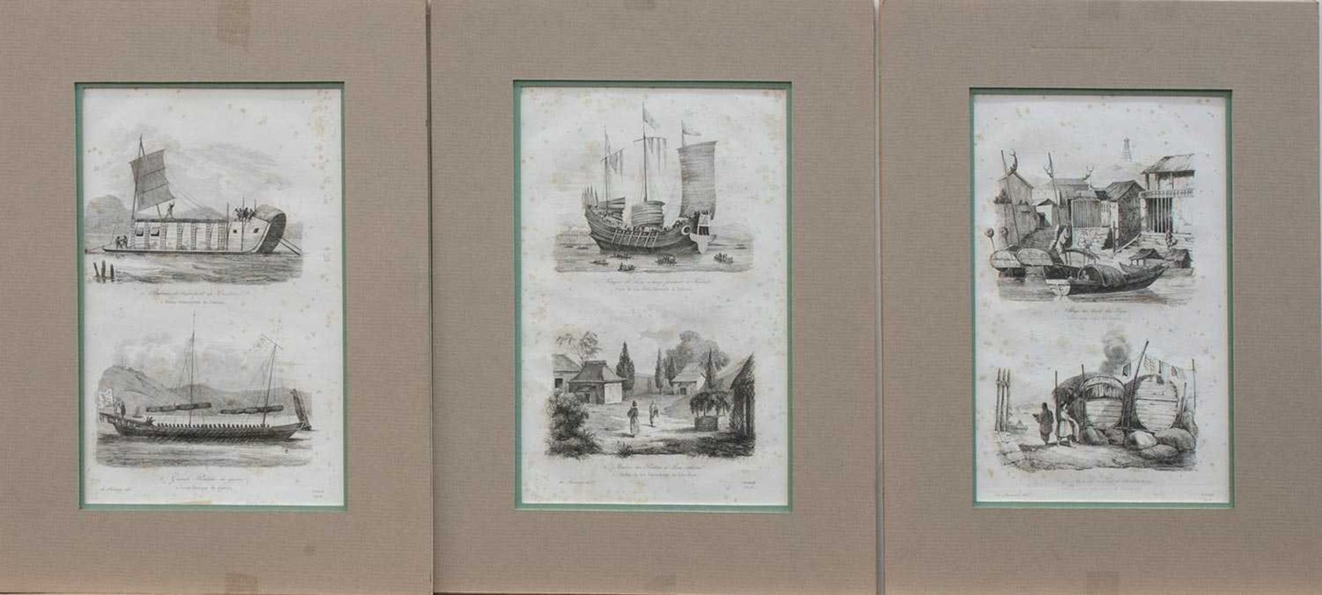 Konvolut 6 Stahlstiche auf 3 Blättern, Chinesische Darstellungen, vorwiegend mit Schiffen, 24 x 15
