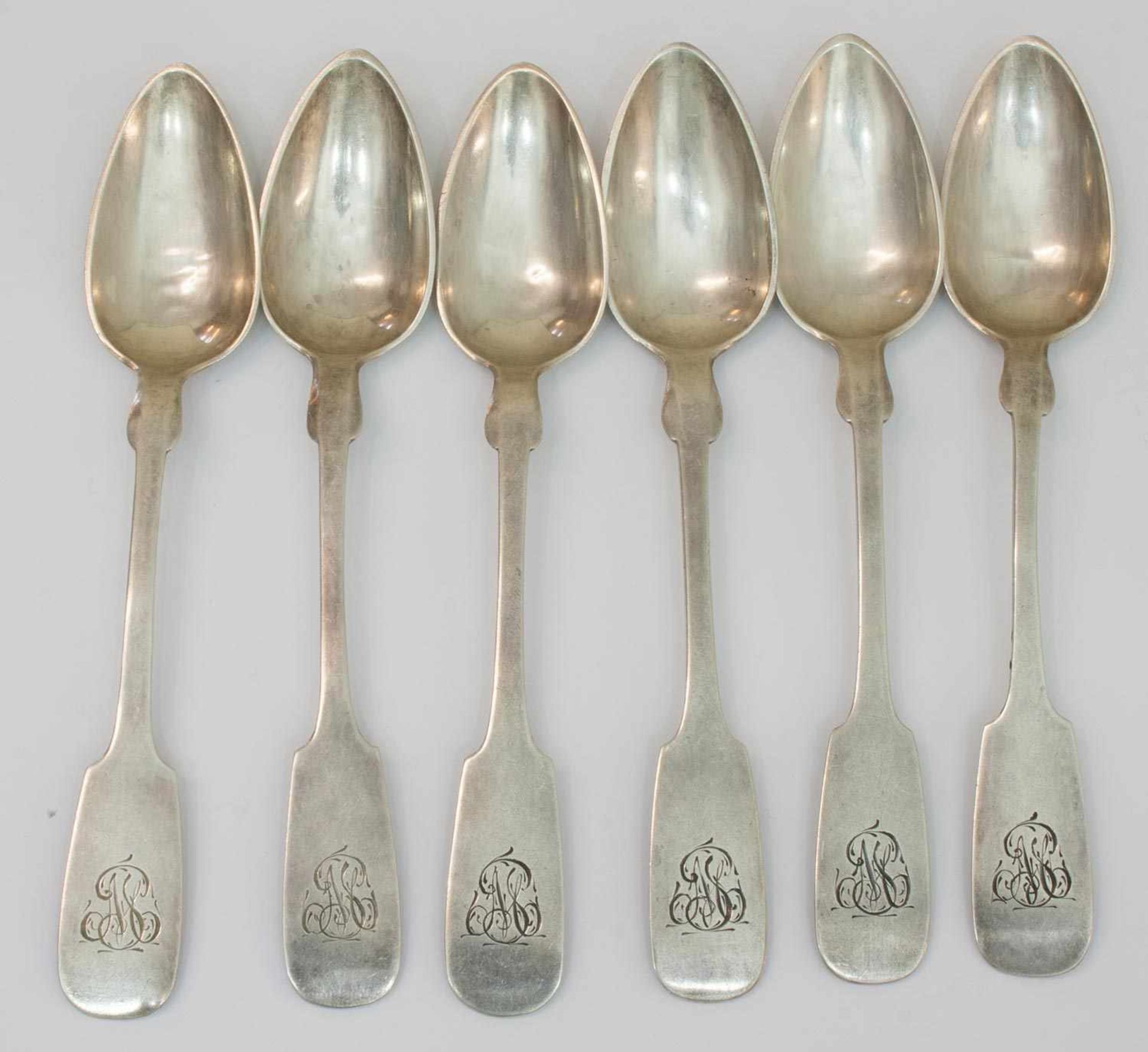 6 Biedermeier Kaffeelöffel um 1860, deutsch, 800er Silber, Spatendekor mit Monogramm, unbek.