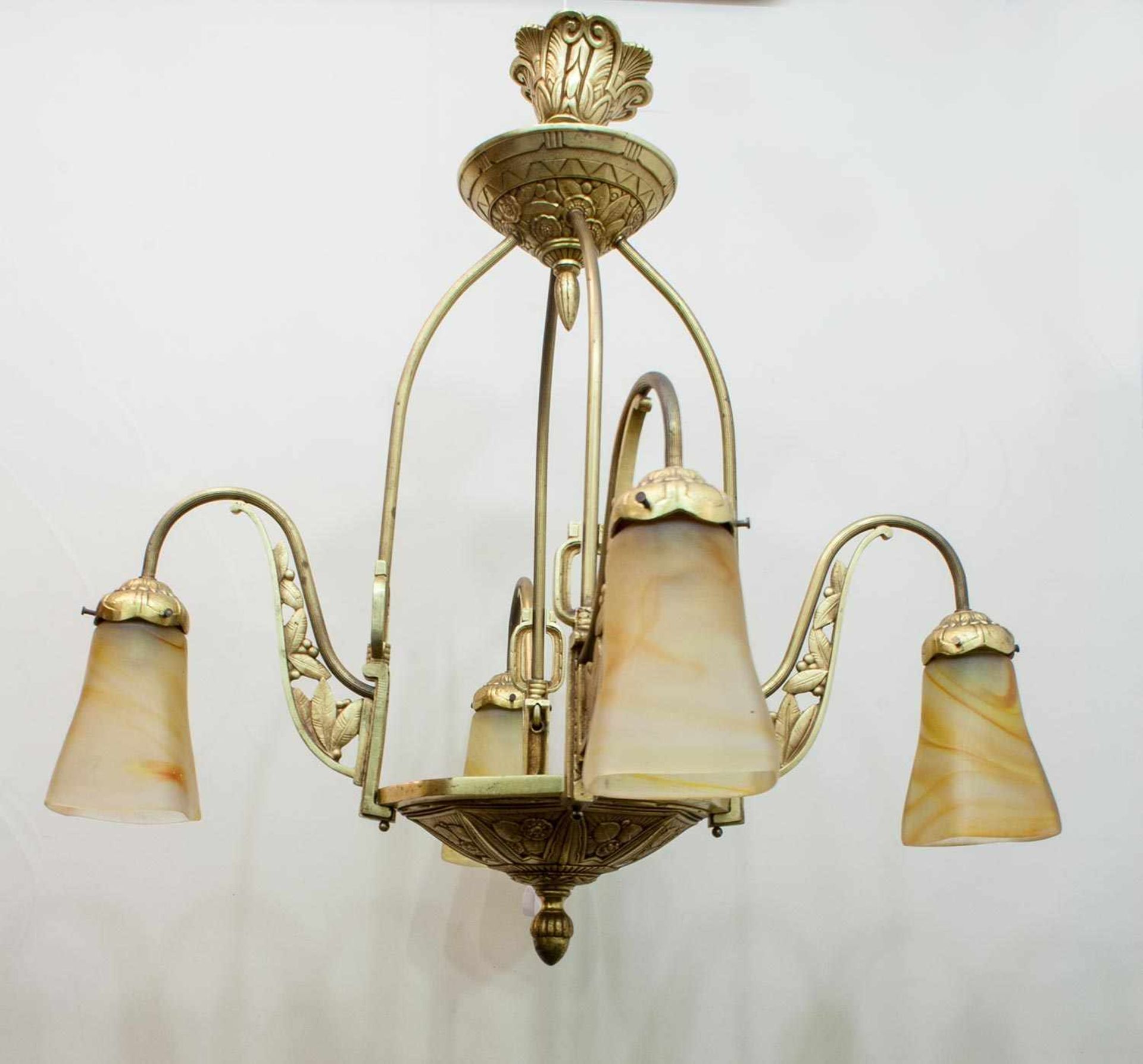 Jugendstil - Deckenlampe Frankreich um 1910, Messing, feuervergoldet, pàtes-de-verre Gläser, - Bild 2 aus 2