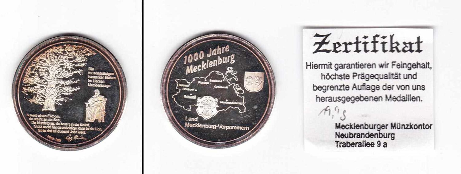 Medaille 1000 Jahre Mecklenburg, Feinsilber, PP