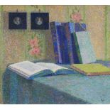 Monogrammist "E.F.": Pointillistisches Stillleben mit Büchern. Öl/Leinwand, rechts unten