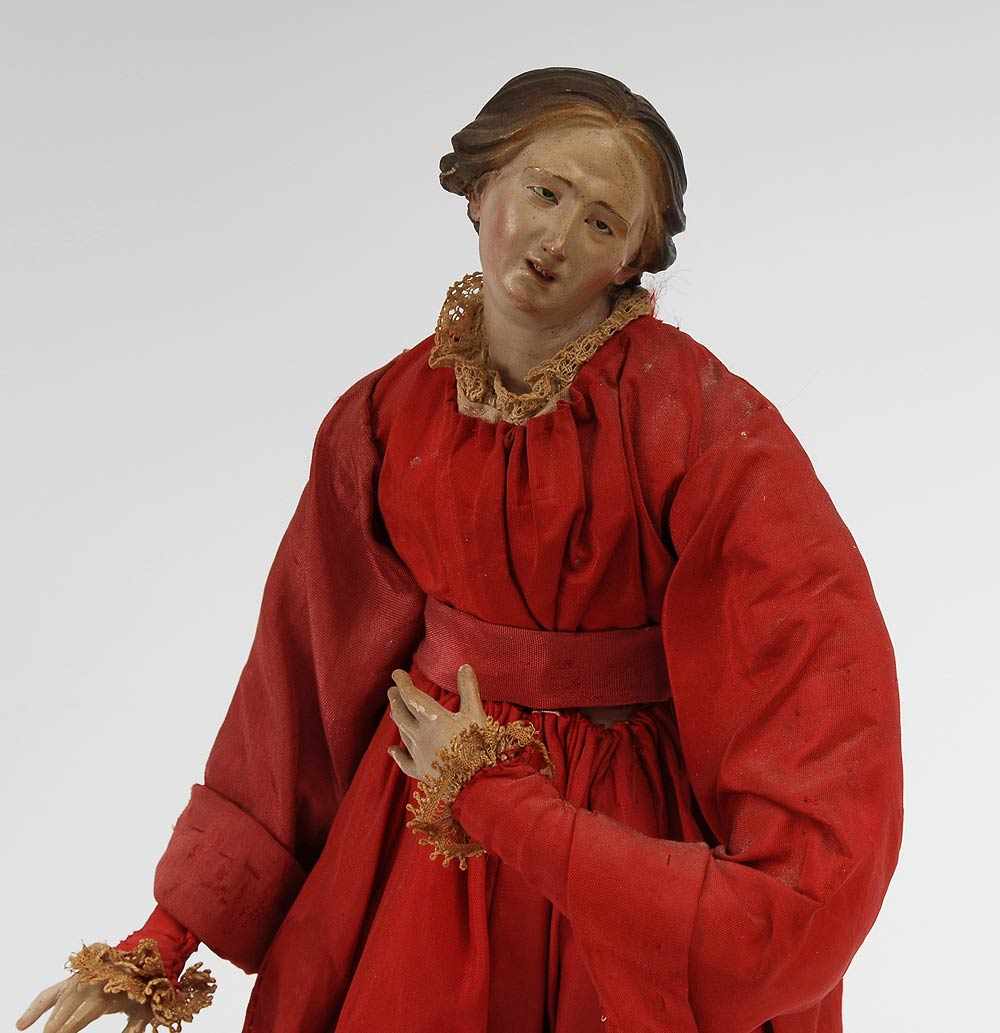 Neapolitanische Krippenfigur: Maria Magdalena. Keramik-Kopf mit Glasaugen und geschnitzte Gliedmaßen - Bild 2 aus 2