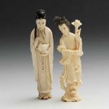 2 zierliche Elfenbeinfiguren. Ostasien, wohl um 1920. Schlanke, elegante Figuren. Dame in