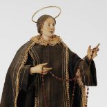 Neapolitanische Krippenfigur: Heilige Nonne. Keramik-Kopf mit Glasaugen und geschnitzte Gliedmaßen