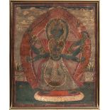 Buddhistische, vielarmige Gottheit. Öl?farbe auf Papier. Raum Indien, Tibet, wohl 18. Jh. Tanzende