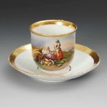 Tasse mit Bauernmotiv, Meissen. Knaufschwerter, ab 1850-1918, 1 Schleifstrich. Glockentasse mit