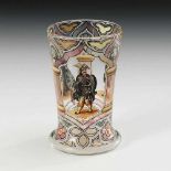 Historismus-Becher mit Emailmalerei, Lobmeyr. Signiert, um 1870. Farbloses Glas. Konischer Becher