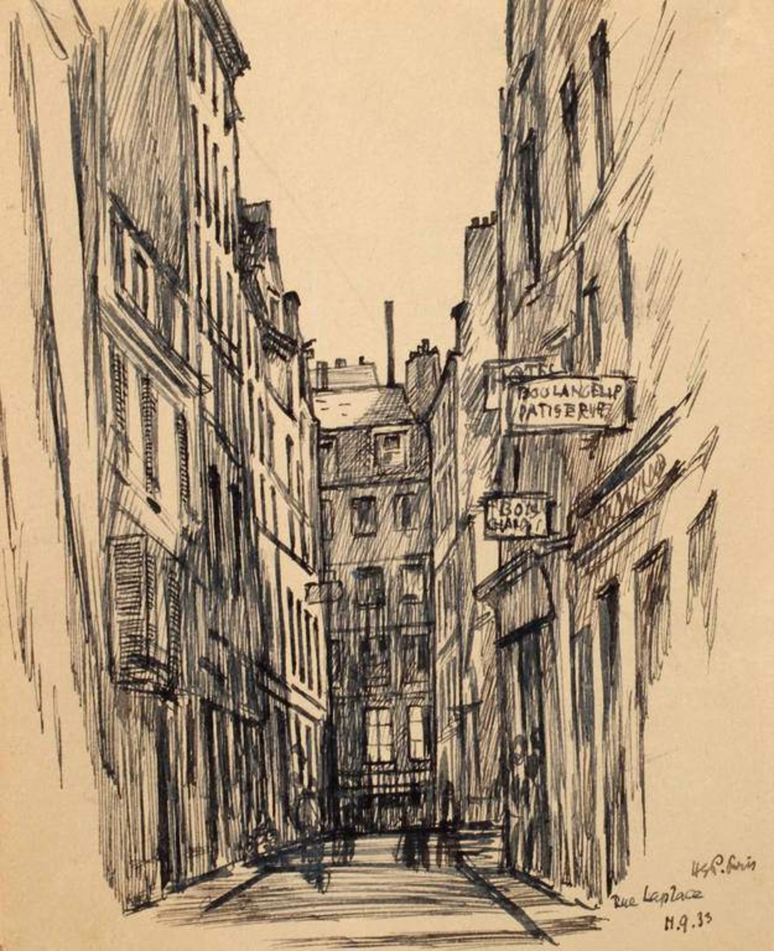 Prof. Hugo Steiner-Prag, "Rue laplace Paris" Blick in abendliche Gasse mit Passanten,