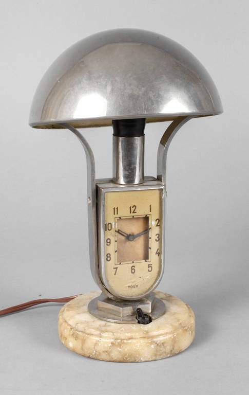 Tischlampe mit Uhr um 1930, gemarkt Mofem, Rundfuß aus hellem Marmor, Lampengestell aus