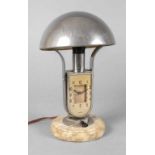 Tischlampe mit Uhr um 1930, gemarkt Mofem, Rundfuß aus hellem Marmor, Lampengestell aus