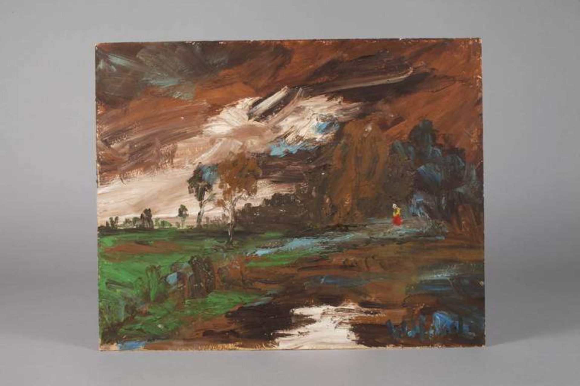 Werner Hekel, Sommergewitter Landschaft unter unheilvoll bewölktem Himmel, pastose Malerei mit - Bild 2 aus 3