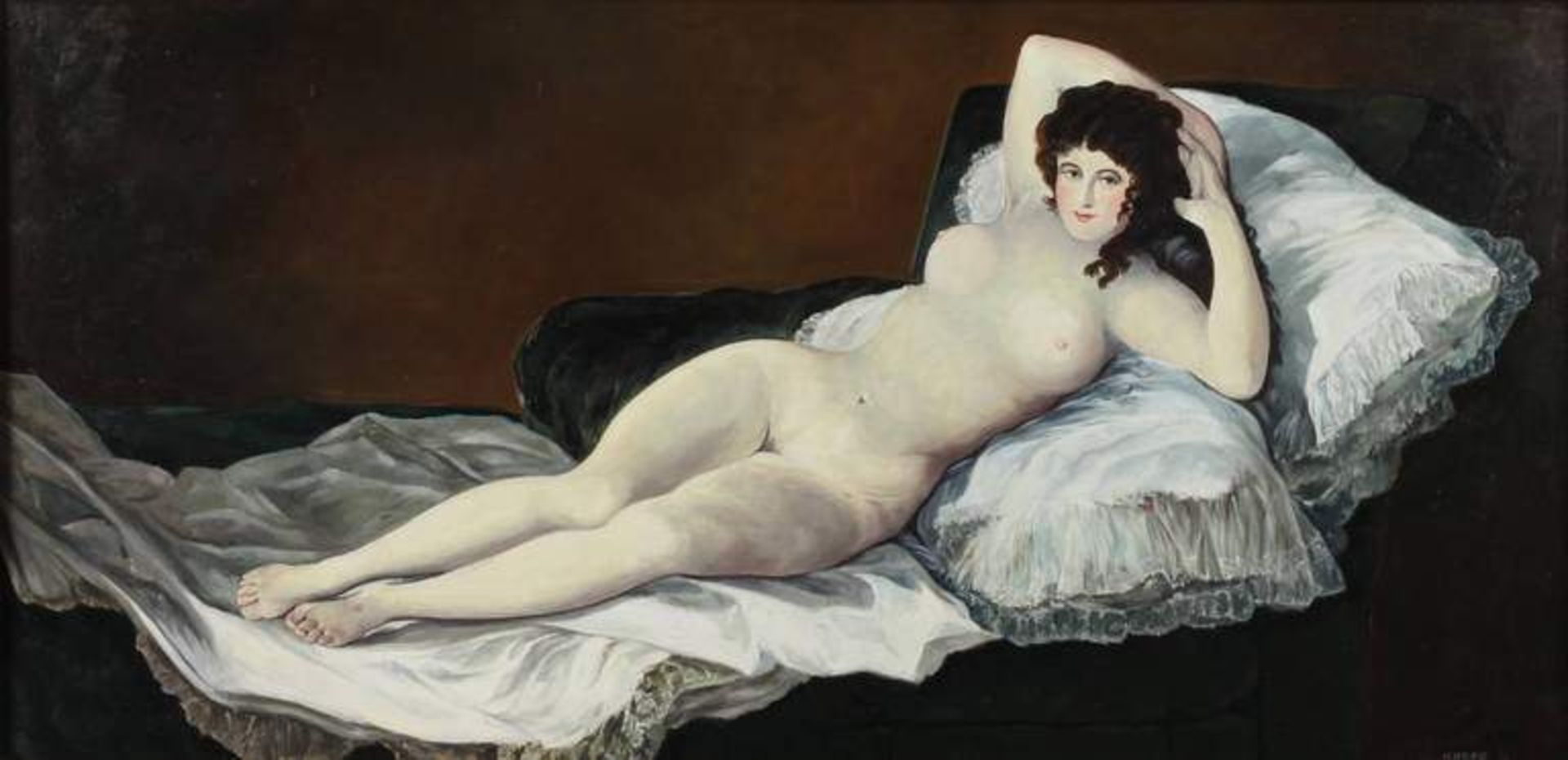 Paul Kober, "Die nackte Maja" nach Goya Bildnis einer nackten Schönheit mit üppigen Brüsten auf