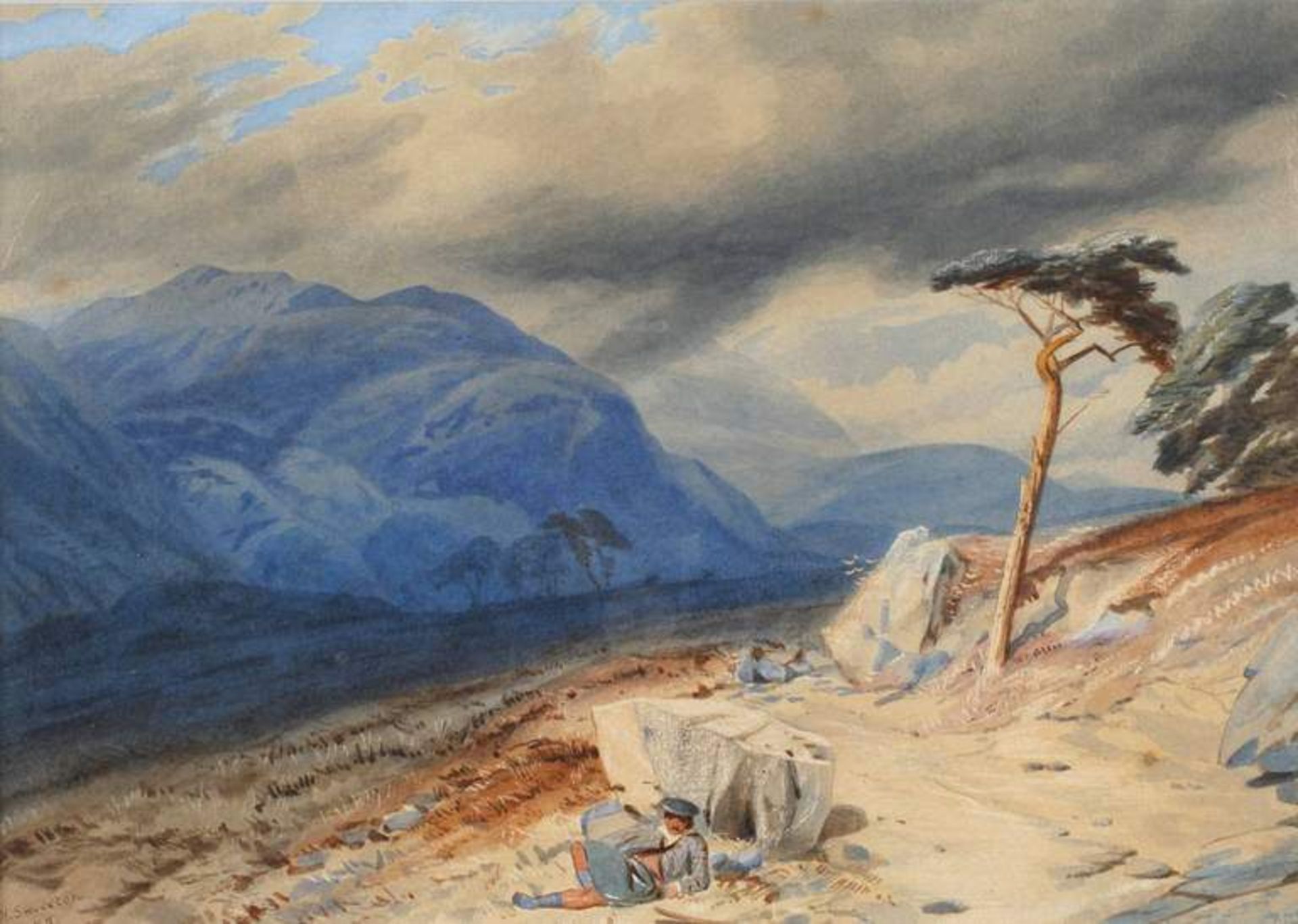 A. W. Smeeton, Ruhender Wanderer im Gebirge Blick auf eine imposante Bergkulisse mit aufziehenden