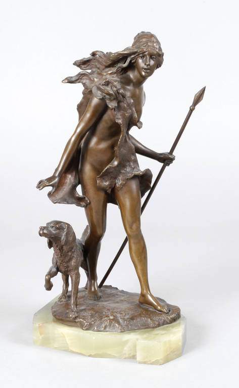 Paul Ludwig Kowalczewski, Diana mit Hund Ende 19. Jh., signiert P. Kowalzewski, Bronze, grünlich-