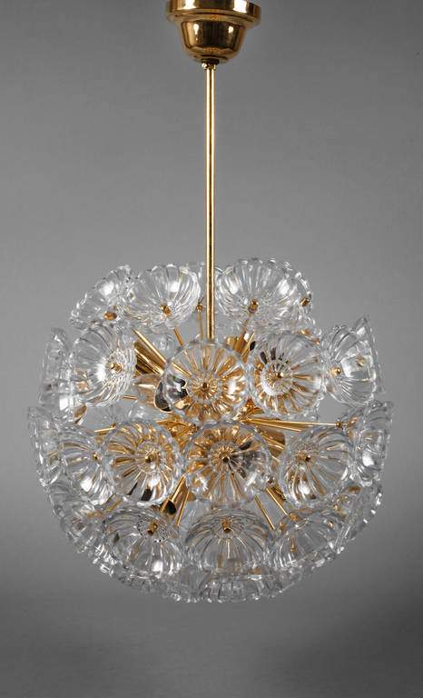 Deckenlampe Pusteblume 1970er Jahre, schlichtes vergoldetes Gestänge mit Kugelabschluss in Form