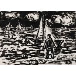 Alexander Wolfgang, Segelboote Mann am Strand, vor weiter See mit Booten, unter bewölktem Himmel,