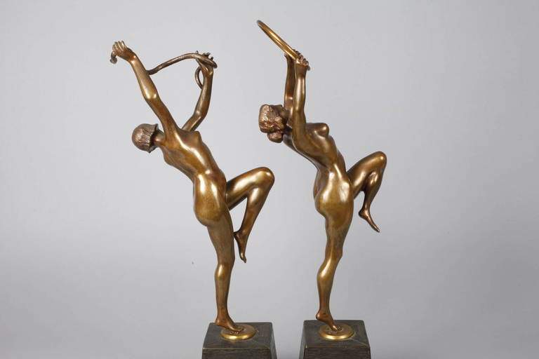 Léon Mignon, Paar Tänzerinnen um 1900, beide auf der Plinthe signiert L. Mignon, Bronze goldbraun - Image 3 of 7