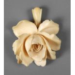 Feiner Elfenbeinanhänger als Rose um 1920, detailreich geschnitzte Rose mit Aufhängung, Länge 55 mm,