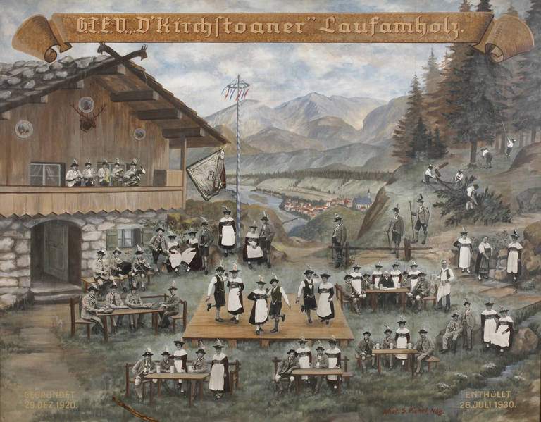 Erinnerungsbild Trachtenverein "D´Kirchstoaner" 1930 bayerische Trachtengruppe mit Musikern,