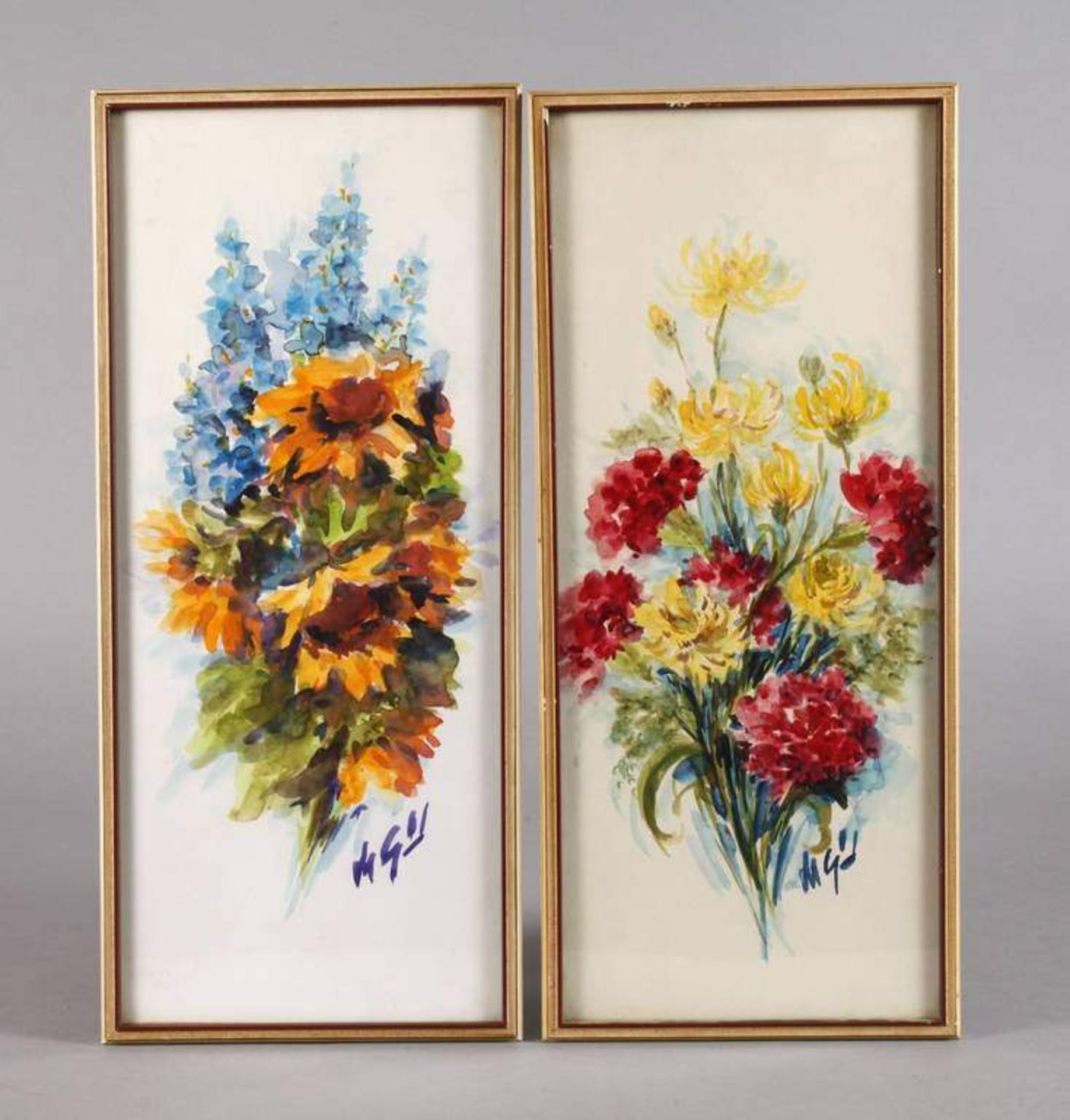 Martin Grünert, Paar Blumenstillleben gekonnte Darstellung von Sommerblumenarrangements in