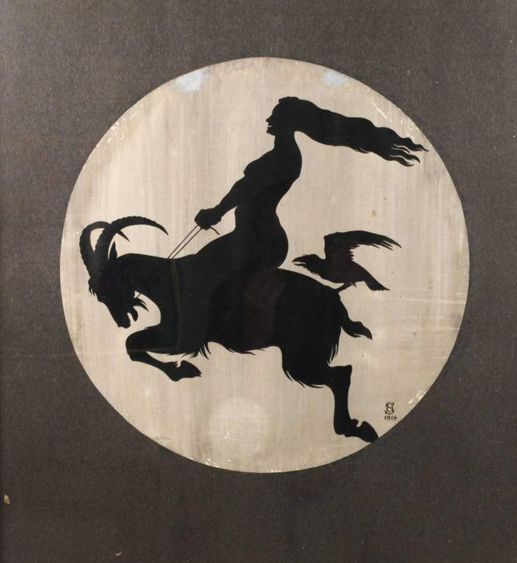 Otto Stieffel, "Reitende Hexe" Silhouette einer auf einem Geißbock reitenden Hexe mit Rabe vorm