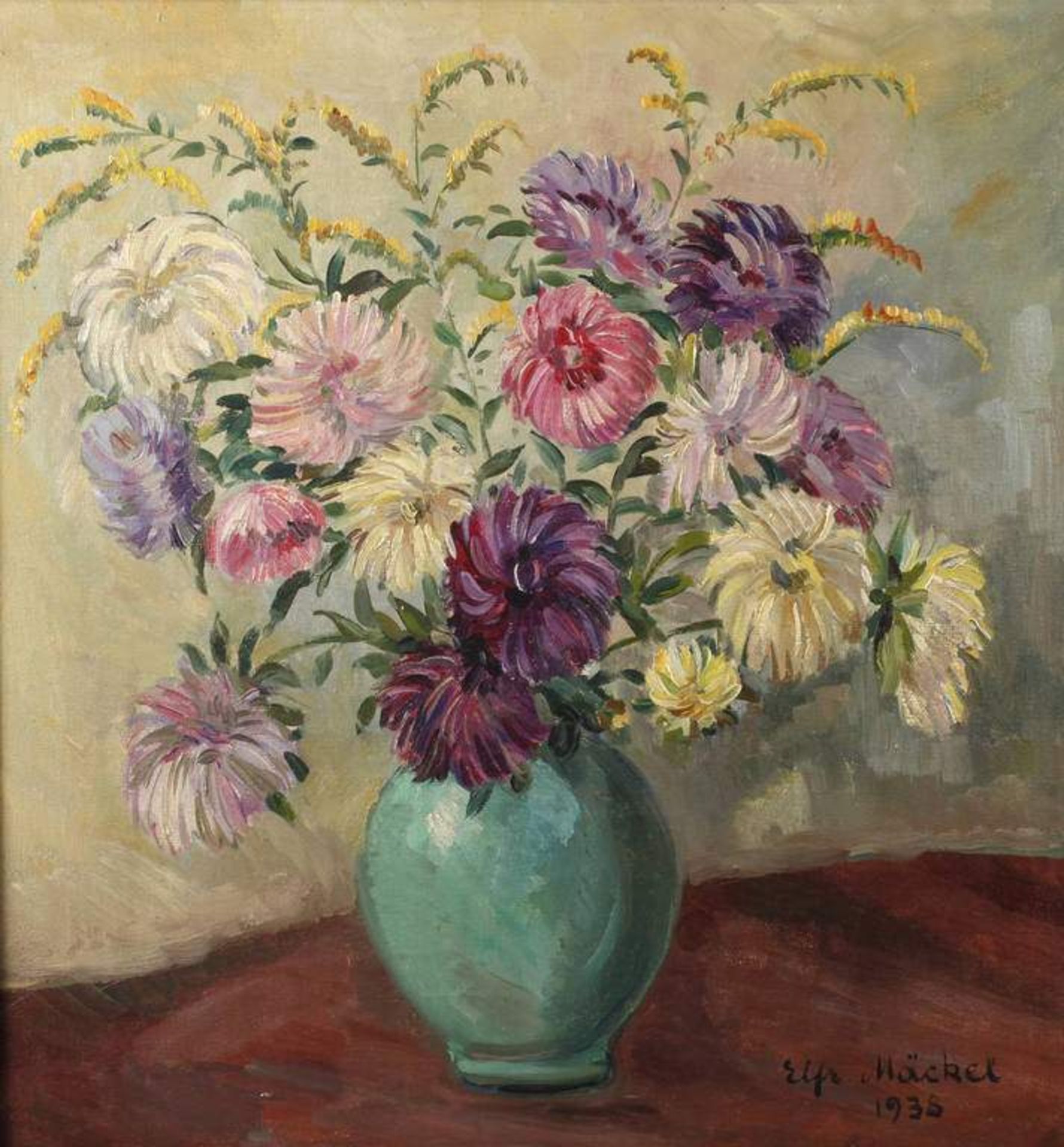 Elfriede Mäckel, Asternstillleben Blumenstrauß aus violetten, rosa und weißen Astern in grüner Vase,