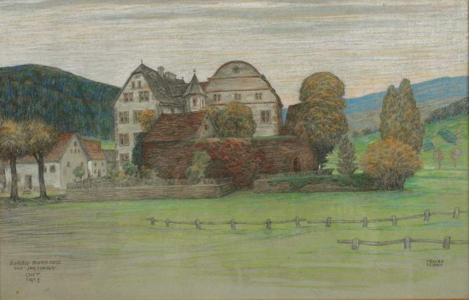 Max Henze-Dessau, Schloss Burgjoss im Spessart Blick auf die Schlossanlage im Main-Kinzig-Kreis im