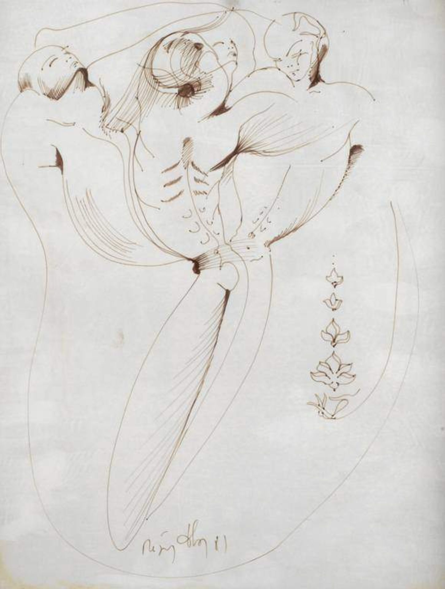 Régis Dho, Figurative Komposition vier ineinander verwobene Körper, sparsame sinnliche Zeichnung,