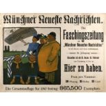 Werbeplakat Münchner Neueste Nachrichten 1911, Ankündigung der Faschingsnummer, signiert Erich