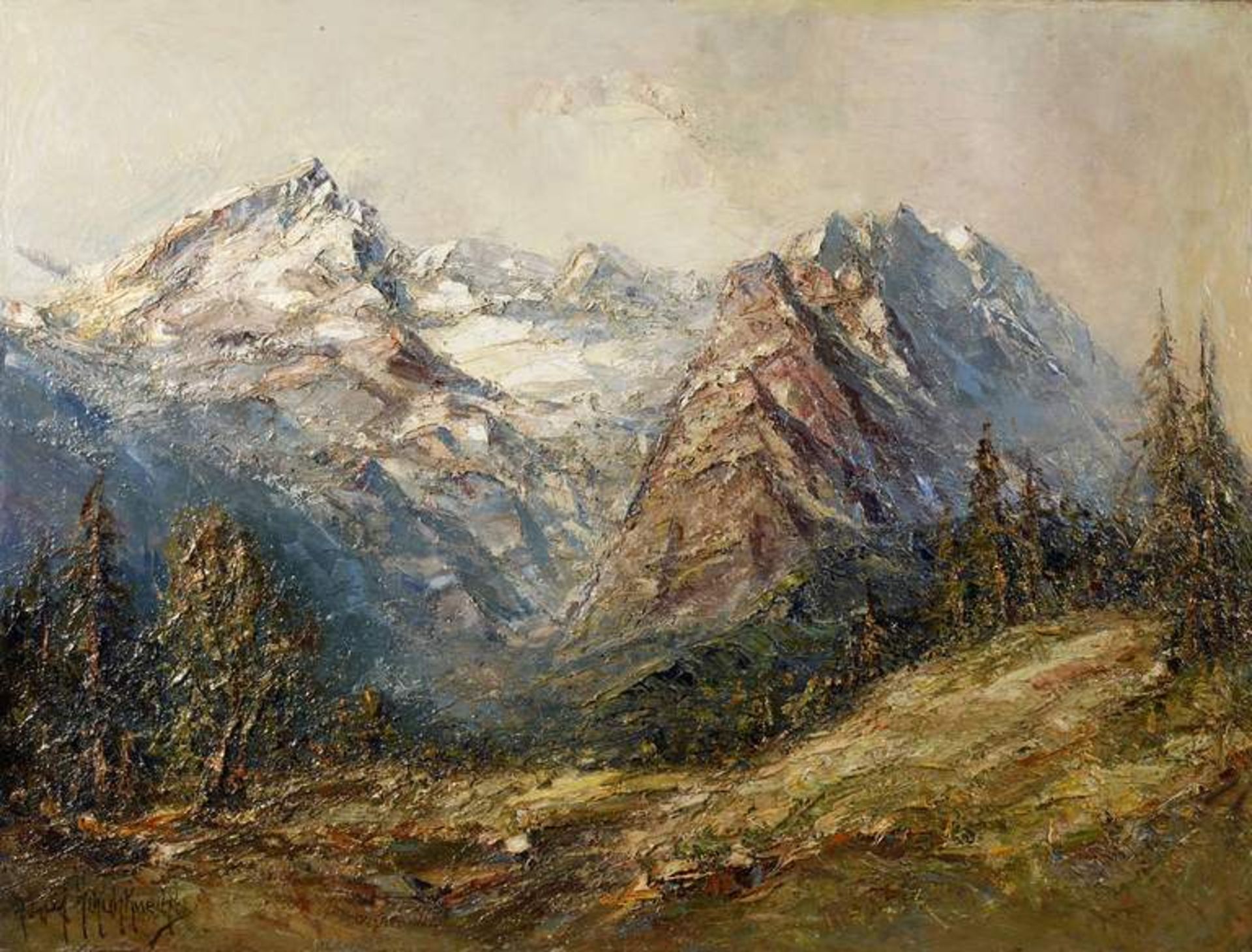 Adolf Schuhknecht, "Neuschnee - Im Wettersteingebirge" Blick aus Richtung Partenkirchen auf das