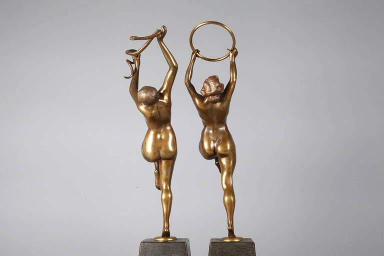 Léon Mignon, Paar Tänzerinnen um 1900, beide auf der Plinthe signiert L. Mignon, Bronze goldbraun - Image 4 of 7