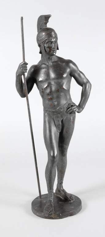 Rudolf Kaesbach, Speerkrieger auf der runden Plinthe signiert und datiert (19)09, Bronze dunkel