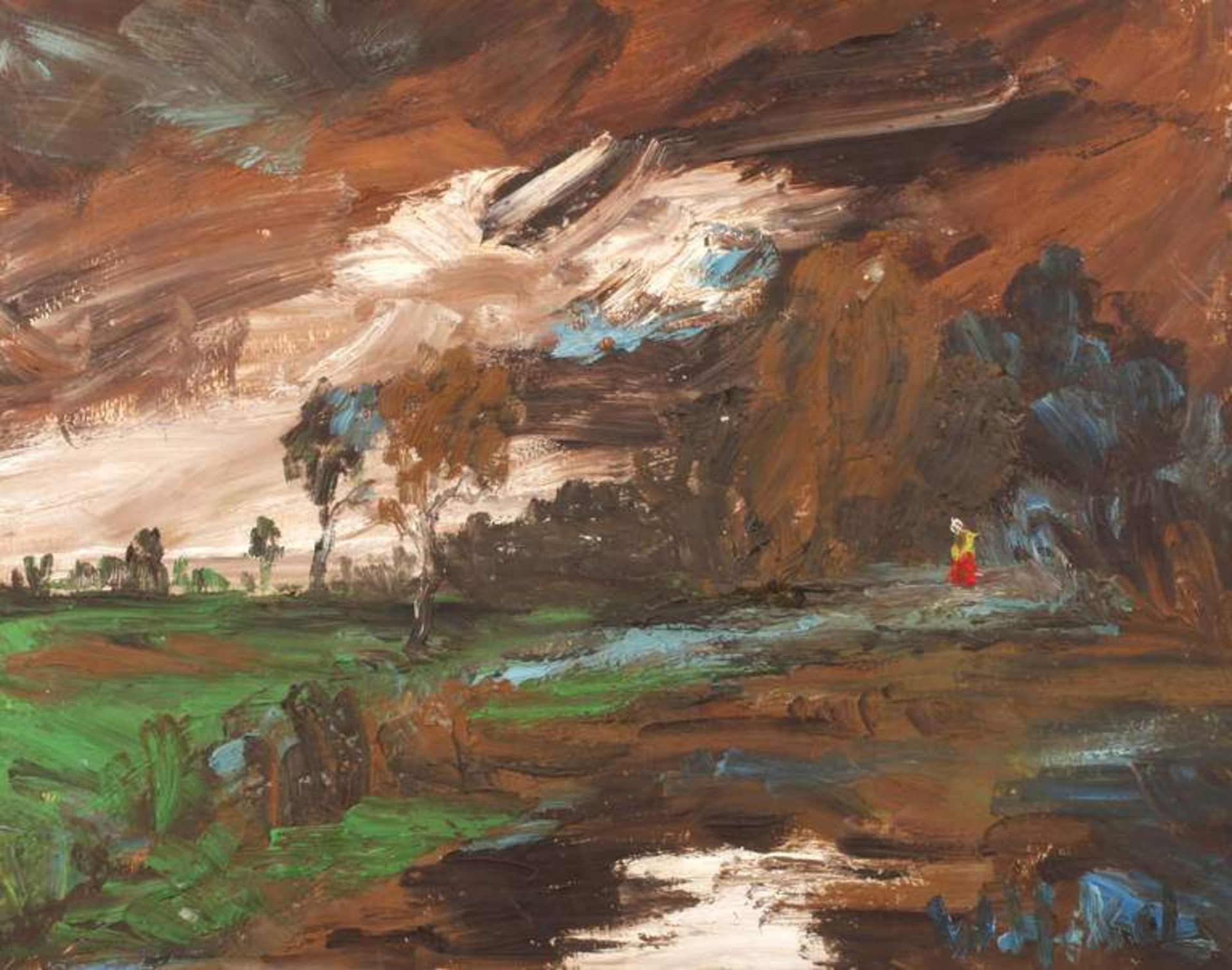 Werner Hekel, Sommergewitter Landschaft unter unheilvoll bewölktem Himmel, pastose Malerei mit
