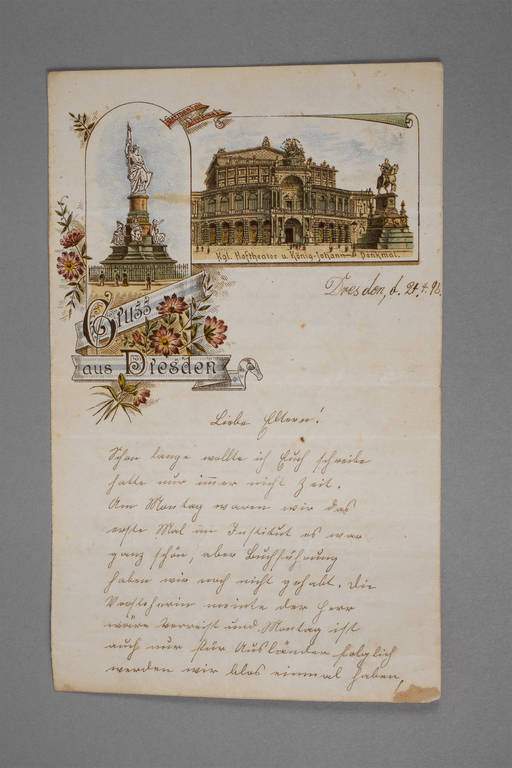 Briefbogen "Gruss aus Dresden" datiert Dresden, d. 24.4.(18)92, Doppelblatt mit chromolithogr.