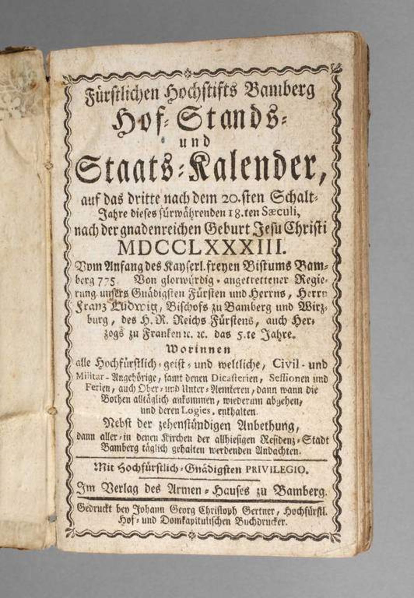 Bamberger Almanach 1783 Fürstlicher Hochstifts Bamberg Hof- Standes- und Staats-Kalender auf das