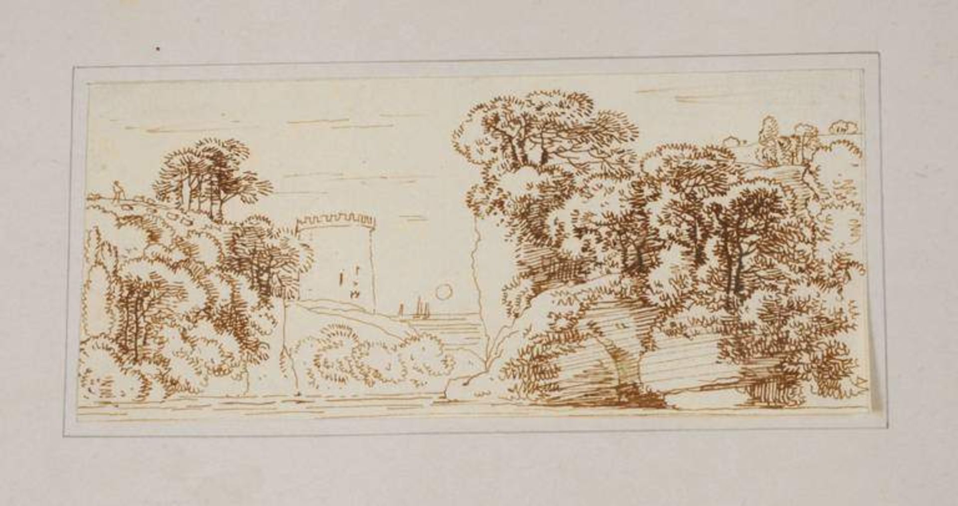 Franz Kobell, attr., Küstenlandschaft mit Turm Blick zwischen mächtigen, mit Bäumen bewachsenen