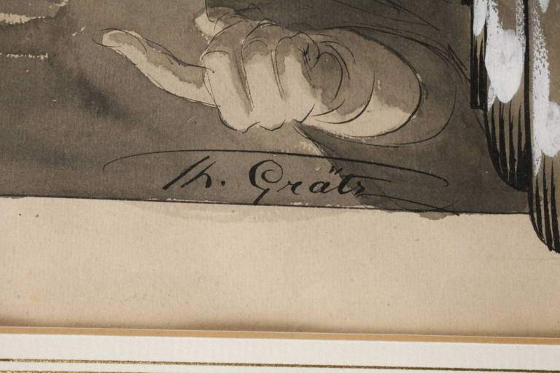 Theodor Grätz, "Der kluge Affe" auf einem Globus sitzendes weinendes Äffchen, Tuschezeichnung, - Bild 2 aus 3