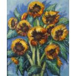 H. Ostheimer, "Sonnenblumen" prächtiger Strauß mit leuchtend gelben Sonnenblumen vor blauem Grund,