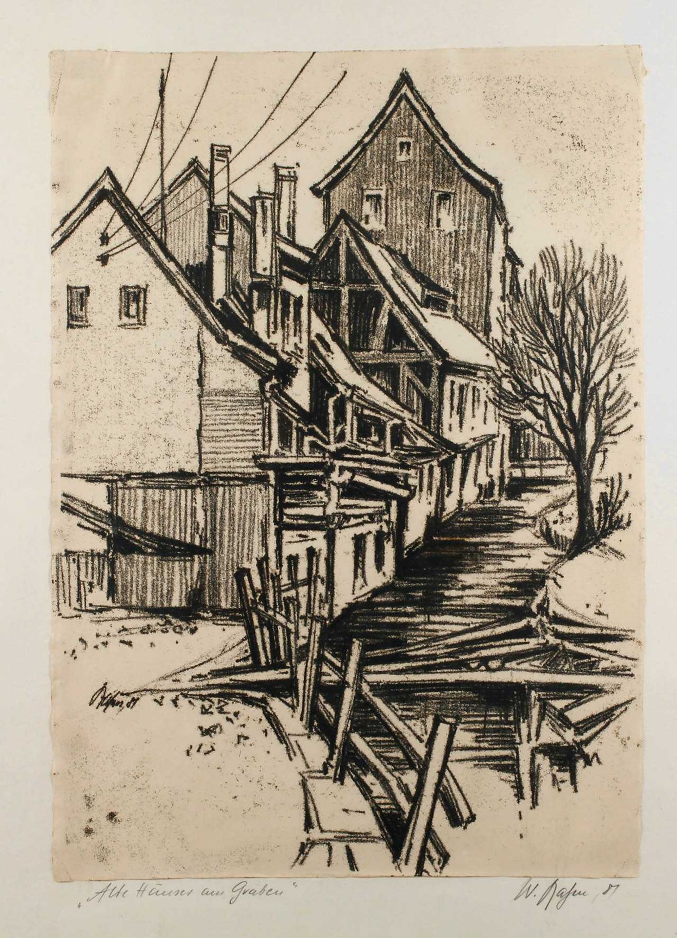 Walter Rahm, "Alte Häuser am Graben" Mühlgraben mit den Weberhäusern an der Bleichstraße in