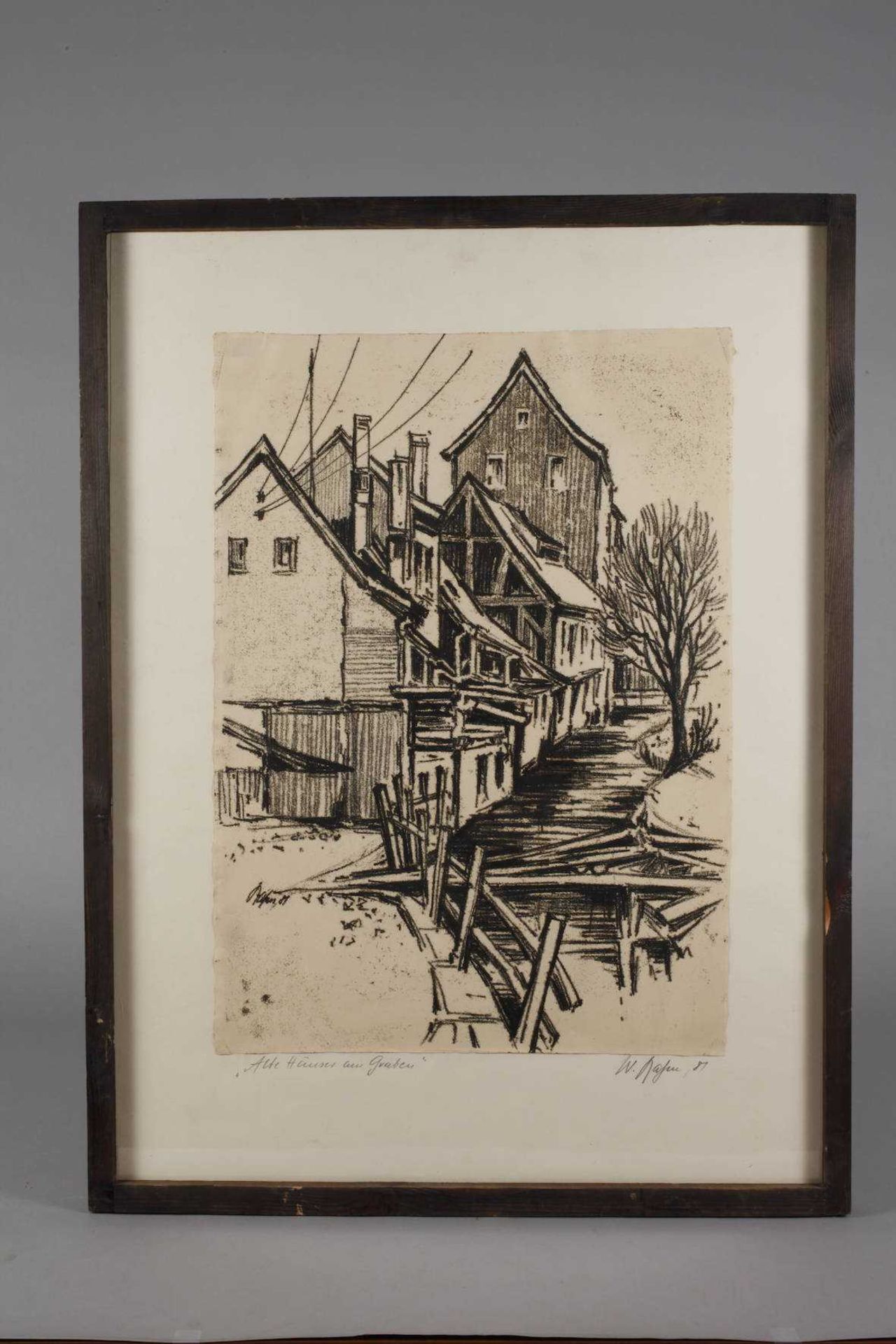 Walter Rahm, "Alte Häuser am Graben" Mühlgraben mit den Weberhäusern an der Bleichstraße in - Bild 2 aus 3