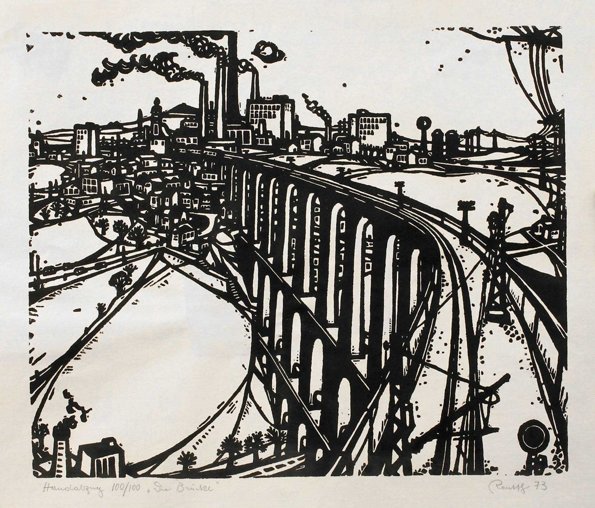 Lothar Rentsch, "Die Brücke" Blick über ein Tal entlang eines Viaduktes auf eine Stadt,
