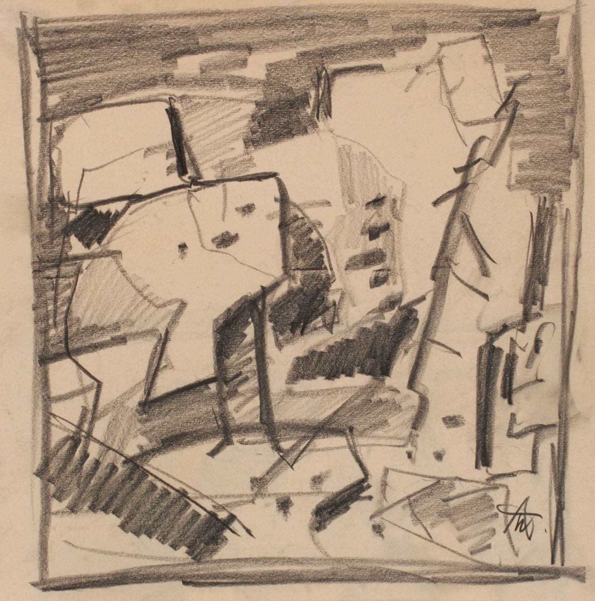 Alexander Wolfgang, Abstrakte Felslandschaft Bleistiftzeichnung, um 1950, rechts unten in Blei