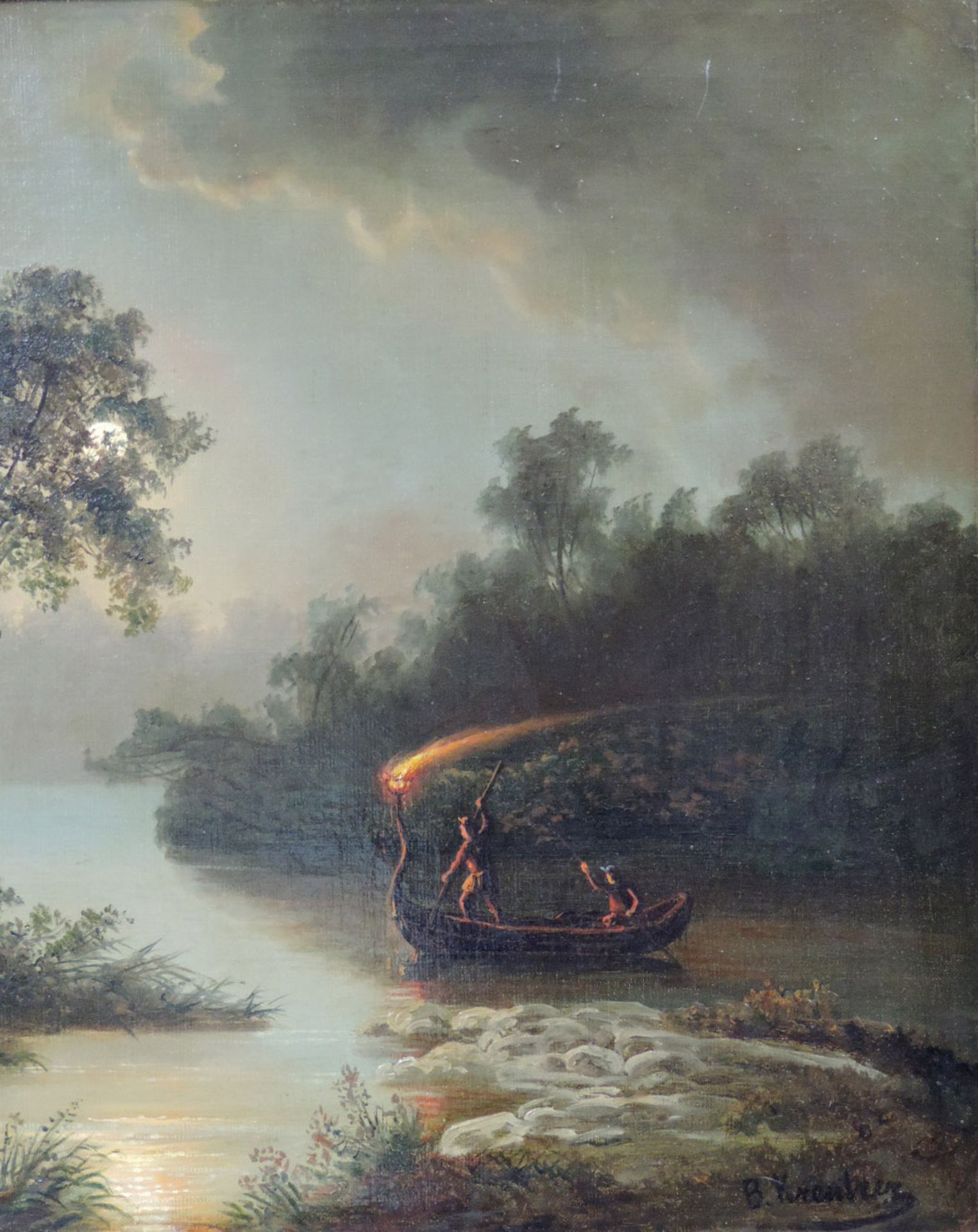B. KREUTZER (XIX). Nächtliche Bootsfahrt.47 cm x 66 cm. Gemälde, Öl auf Leinwand. Unten rechts - Bild 3 aus 7