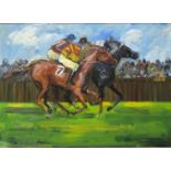 Undeutlich signiert (XX). Pferderennen. Derby, Galopprennen.50 cm x 70 cm. Gemälde, Öl auf Tafel.