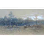 Nelson Gray KINSLEY. Hirsch mit Rehen auf herbstlicher Lichtung.19 cm x 32 cm im Ausschnitt.