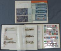 Konvolut aus Briefmarken und Geldscheinen.Ein Album mit Postkarten aus der Zeit des Deutschen