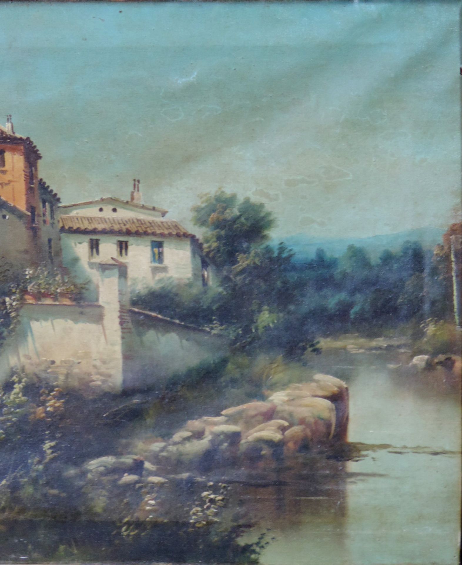 Italienische Schule (XIX). Landgut am Fluss.39 cm x 64 cm. Gemälde, Öl auf Leinwand. Beschädigt. - Image 8 of 9