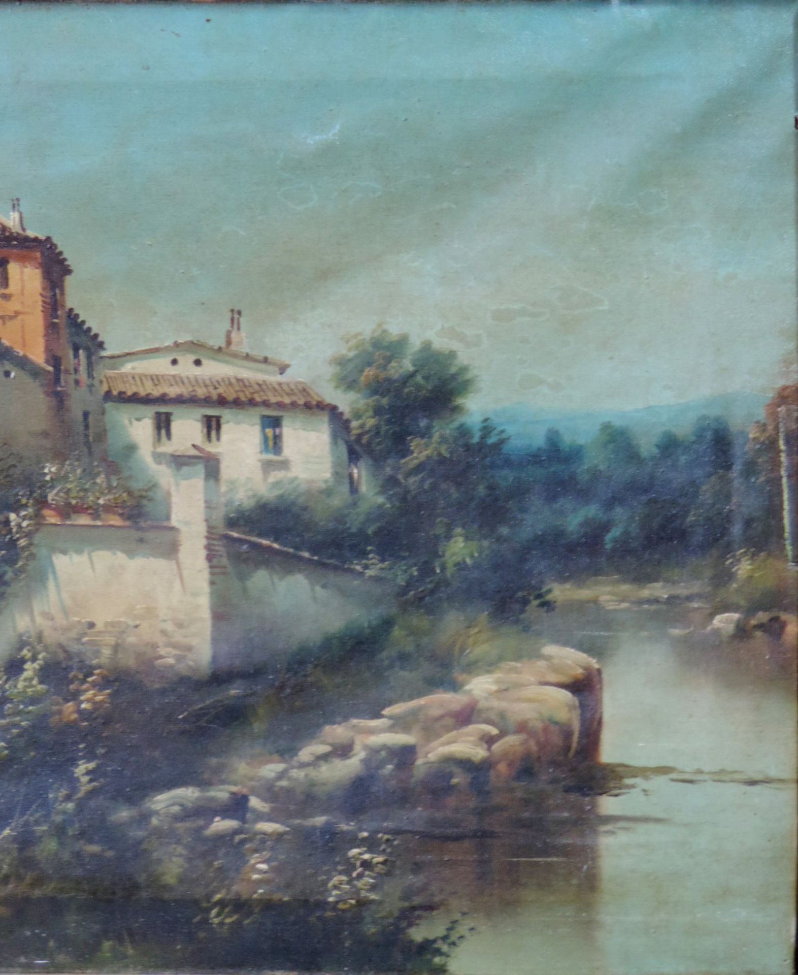 Italienische Schule (XIX). Landgut am Fluss.39 cm x 64 cm. Gemälde, Öl auf Leinwand. Beschädigt. - Bild 8 aus 9