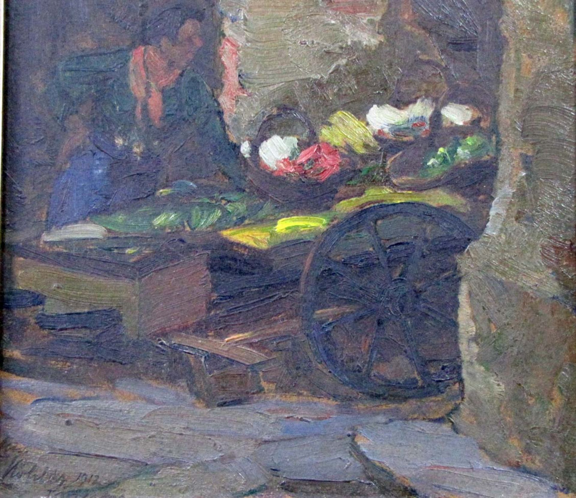 August KÖHLER (1881 - 1964). Marktweib mit Karren. Datiert 1912.29 cm x 21 cm. Gemälde, Öl auf - Bild 5 aus 7