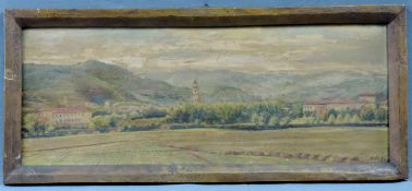 Carlo Leone GALLO (1875 - 1960). Landschaft mit Kapelle.33 cm x 76 cm. Gemälde, Öl auf Leinwand.